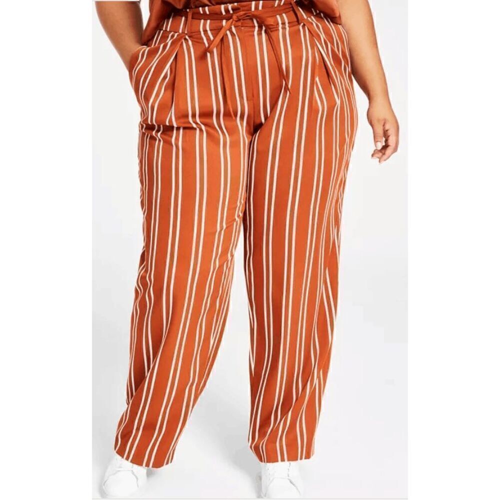 Bar III Women's Plus Size Striped Tie-Waist straight leg Pants 14W